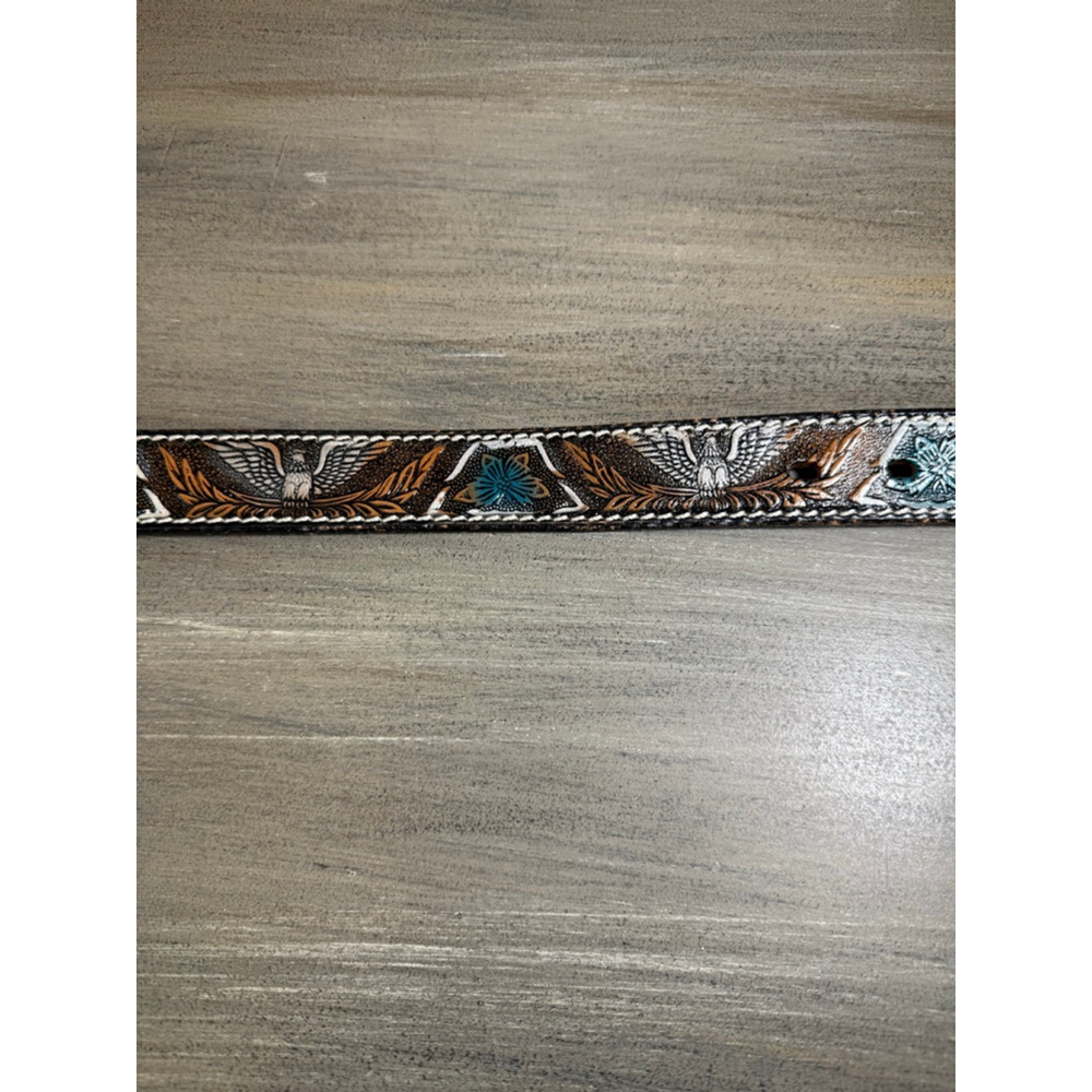 Vintage Tooled Cowhide Leather Belt Eagle/Floral Teal 26 Waist - Picture 4 of 12